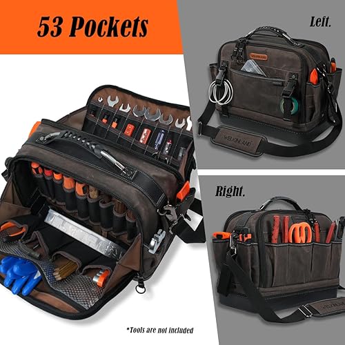 Miniatura 6 de WELKINLAND Bolsa de 53 bolsillos con fondo rígido para HVAC, bolsa de herramientas de electricista resistente, bolsas de herramientas de lona
