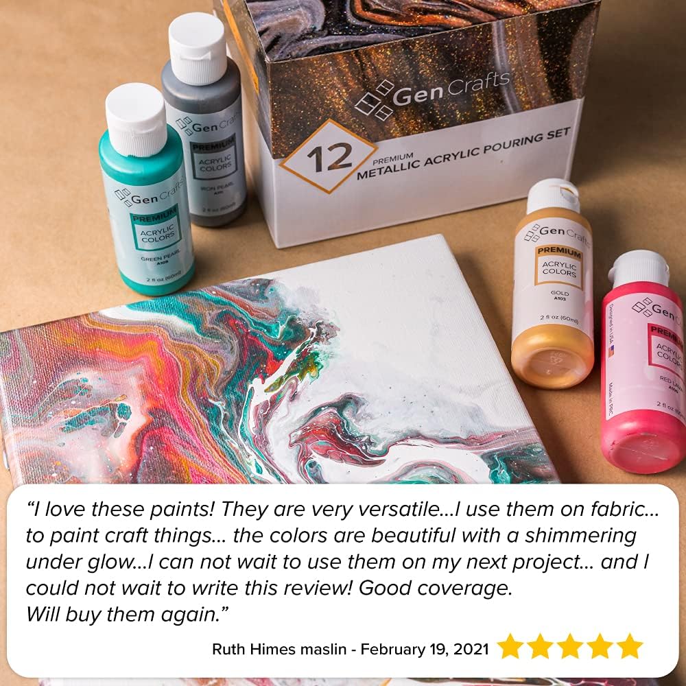 GenCrafts Metallic Acrylic Pouring Paint Set - Set of 12 Metallic Colors - Pre-Mixed High Flow & Ready to Pour - 2 oz./ 59 ml Bottles - Multi-purpose Paints for Canvas & Paper, Rocks, Wood and More : Arts, Crafts & Sewing