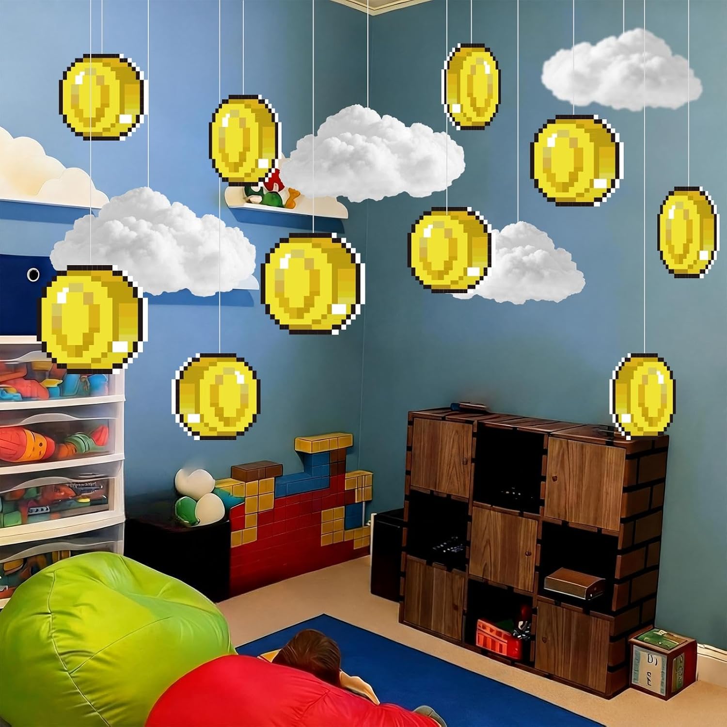 Epakh 24 Pcs Super Brothers Party Decorations Gold Coin Hanging Banner with 3D Cloud Birthday Party Decoration Video Game Theme Banners Garland for Birthday Favors Super Game Room Home Supplies