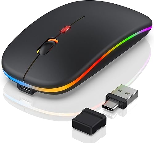 FYBC Bluetooth LED Wireless Mouse for MacBook Air iPad Pro Mac Laptop PC - Slim RGB Wireless Mouse, 3 Mode BT 5.2 & 2.4G USB-A/Type-C Connectivity Portable Mice with Jiggler Mode, Matte Black