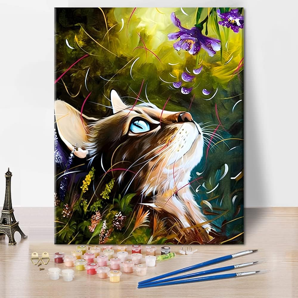 TUMOVO Paint by Numbers for Adults Beautiful Cat and Flower Paint by Number Oil Painting for Adults Kids Paint by Number Acrylic Painting Kit Arts and Crafts for Kids Ages 8-12, 16"x20", Frameless