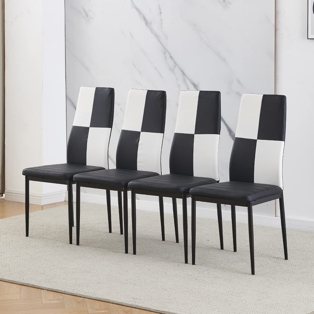 Homullel Modern Upholstered Dining Chairs Set for Dining Room, Kitchen Chairs Set of 4, Stainless Steel Frame (Faux Leather, Black-White Squares)