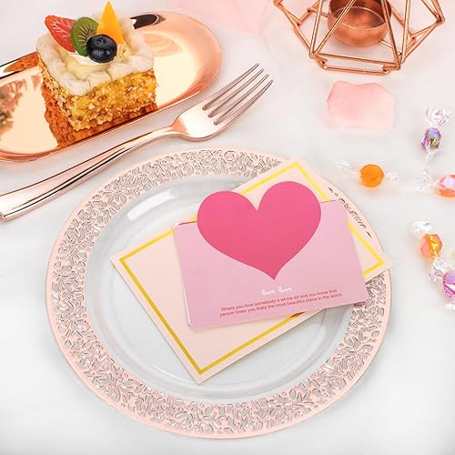 Miniatura 6 de I00000 72 platos de postre de oro rosa de 75in y 72 tenedores desechables de 75in platos de ensalada de plástico con diseño de encaje transparente