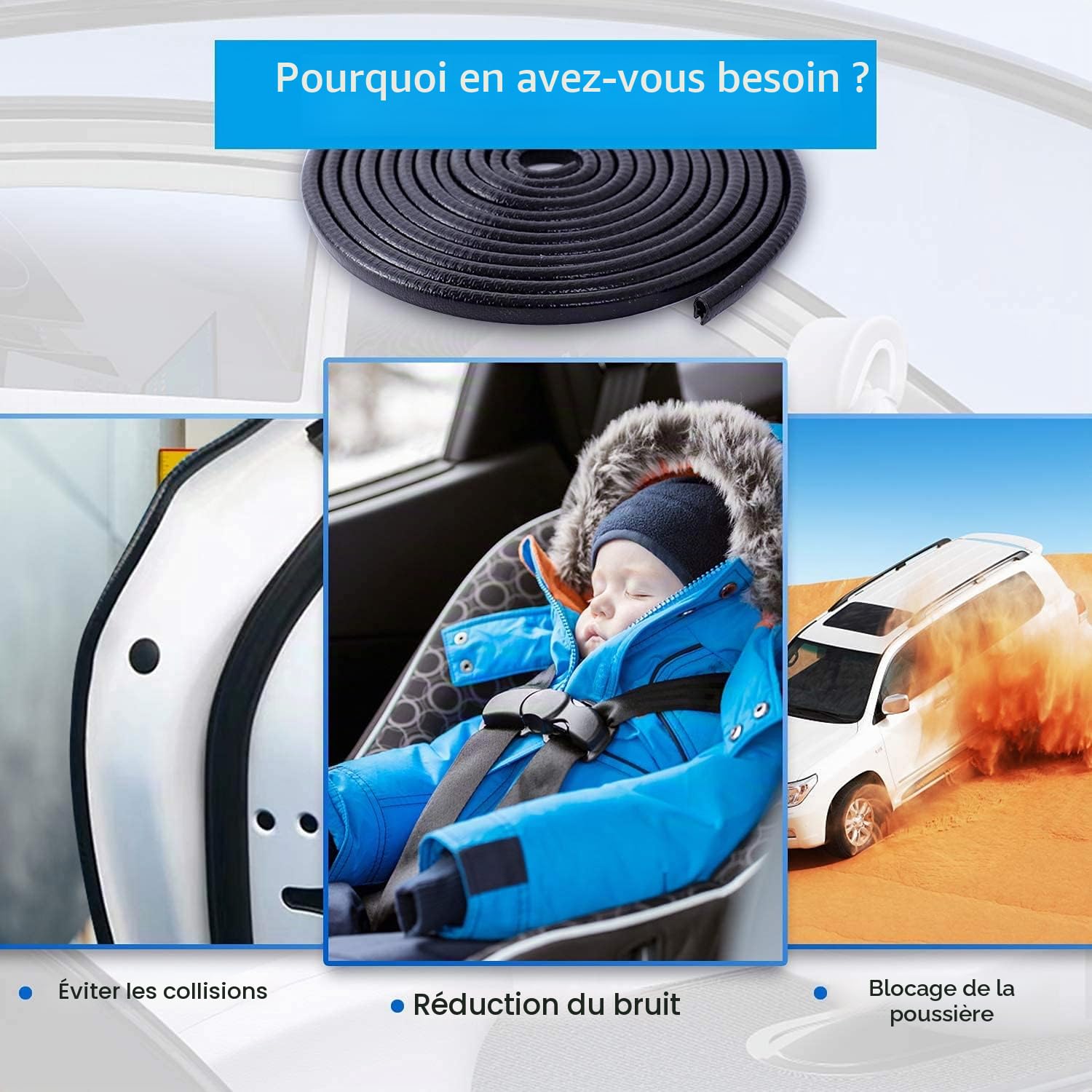 Protection Portiere Voiture 10M Joint Porte Voiture Portière de Voiture Protection Bord en Caoutchouc pour la Plupart des modèles (Noir)