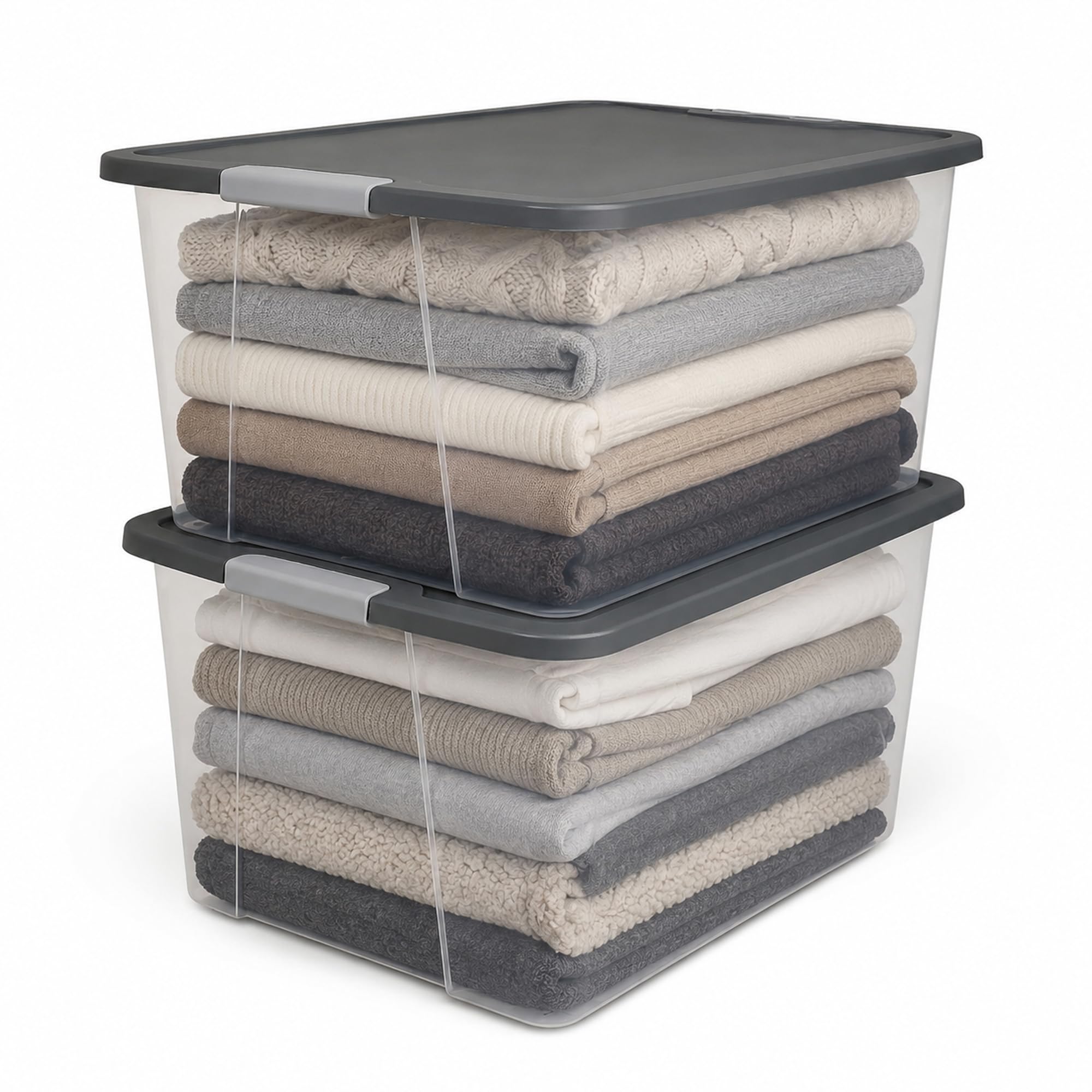 HOMZ Confezione da 4 contenitori in plastica trasparente, grandi contenitori con coperchio, 64 litri, coperchio grigio