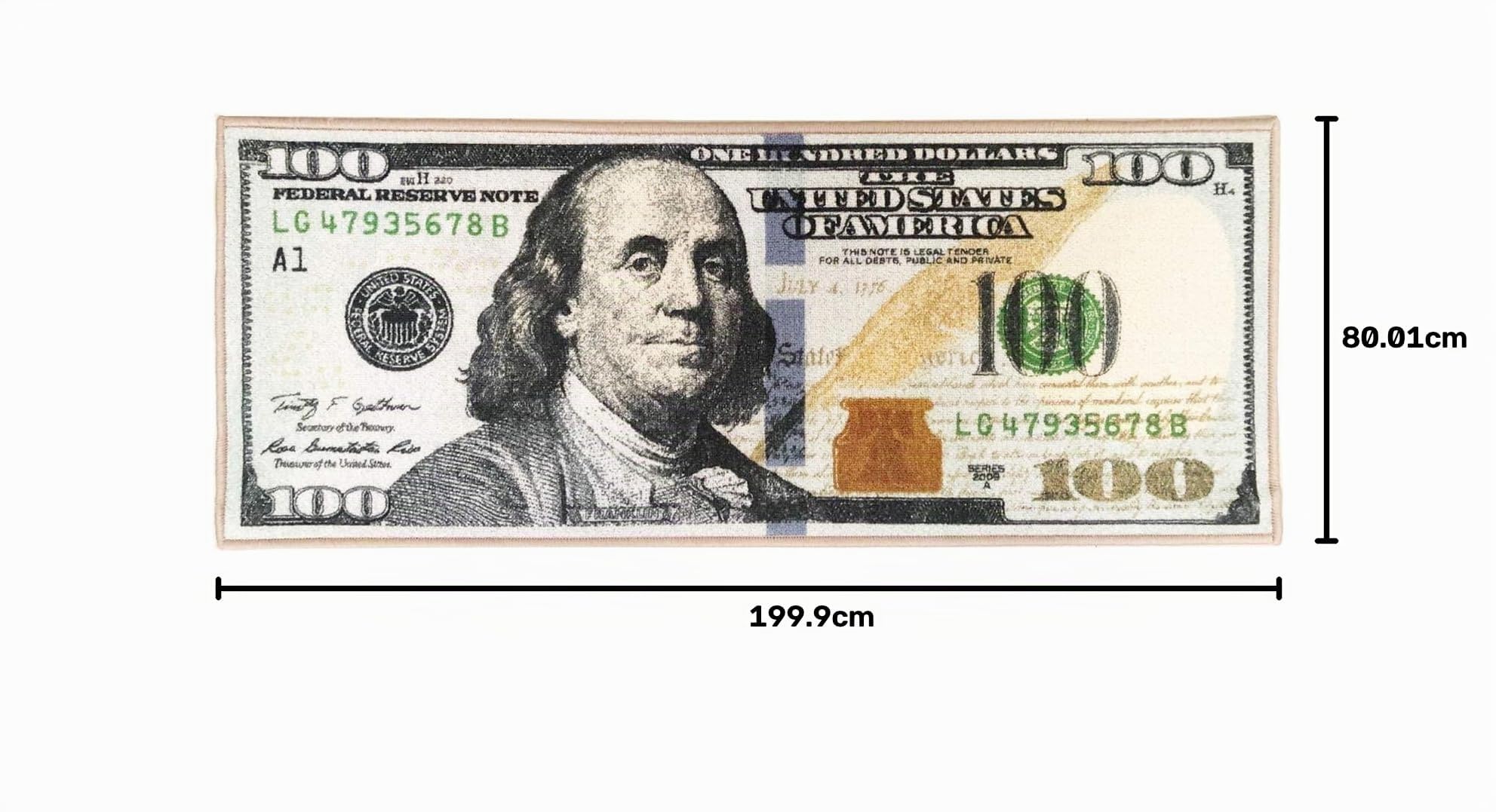 HUAHOO Money Rugs Tapis de couloir à billet de 100 dollars, tapis cool pour salon, cuisine, buanderie, chambre à coucher, tapis de salle de bain (80 x 200 cm)