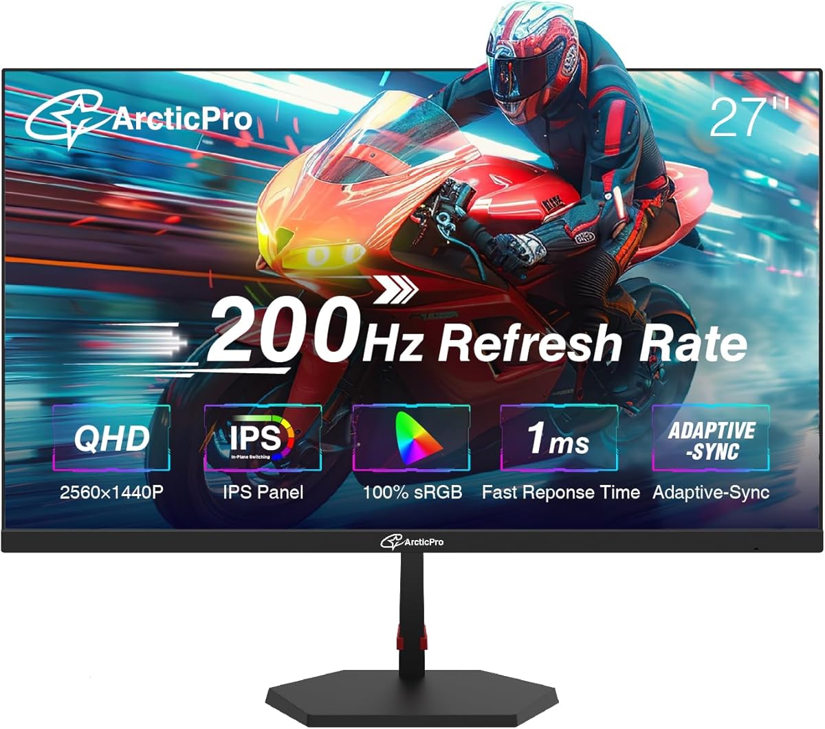ArcticPro 27inch Gaming Monitor QHD 2560*1440p, 200Hz, 2K, IPS Panel, 1ms Response Time, Adaptive sync, PC Computer Monitor, 3-Sided Frameless, Ultra Slim, 130% sRGB, Bluelight Filter, HDMI *2, DP*2