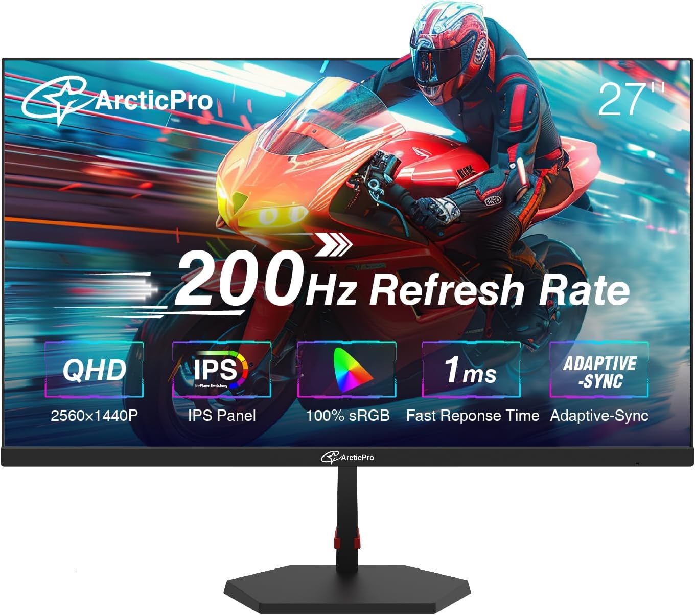 ArcticPro 27inch Gaming Monitor QHD 2560*1440p, 200Hz, 2K, IPS Panel, 1ms Response Time, Adaptive sync, PC Computer Monitor, 3-Sided Frameless, Ultra Slim, 130% sRGB, Bluelight Filter, HDMI *2, DP*2 27 inch 27" 200Hz QHD IPS