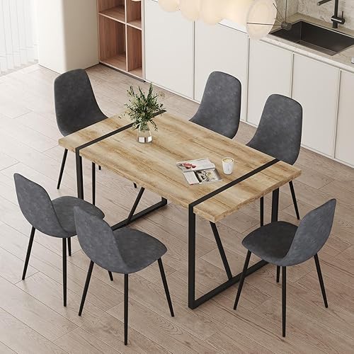Miniatura 15 de Juego de mesa de comedor moderno de 55 pulgadas para 6, superficie de mesa blanca y estructura de metal plateado, mesa rectangular para comedor