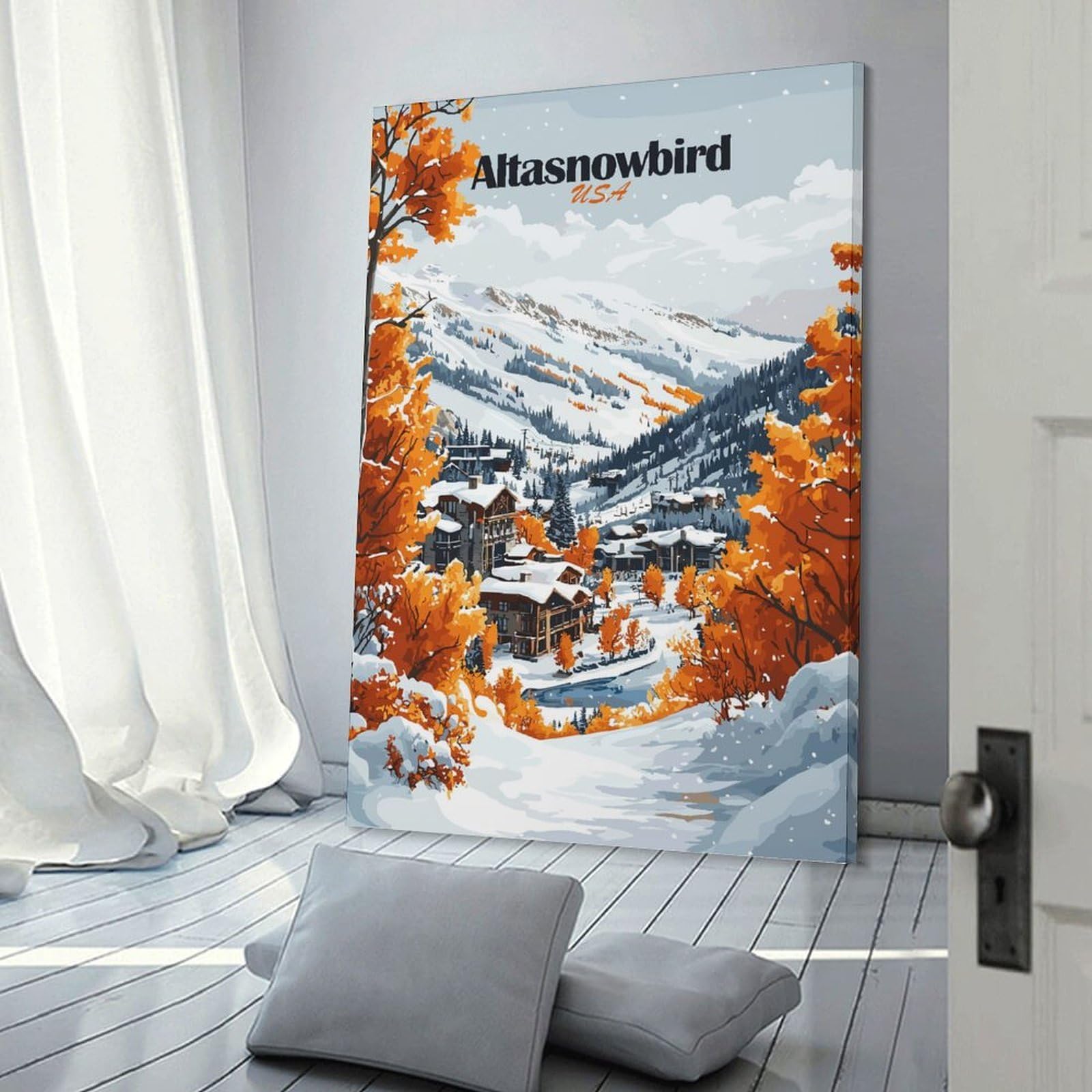 Junmoney Altasnowbird Winter Scene Canvas Wall Art 08x12inch(20x30cm), for Study, Office Or Focused Interiors, Home Office Artwork with Decorative Appeal