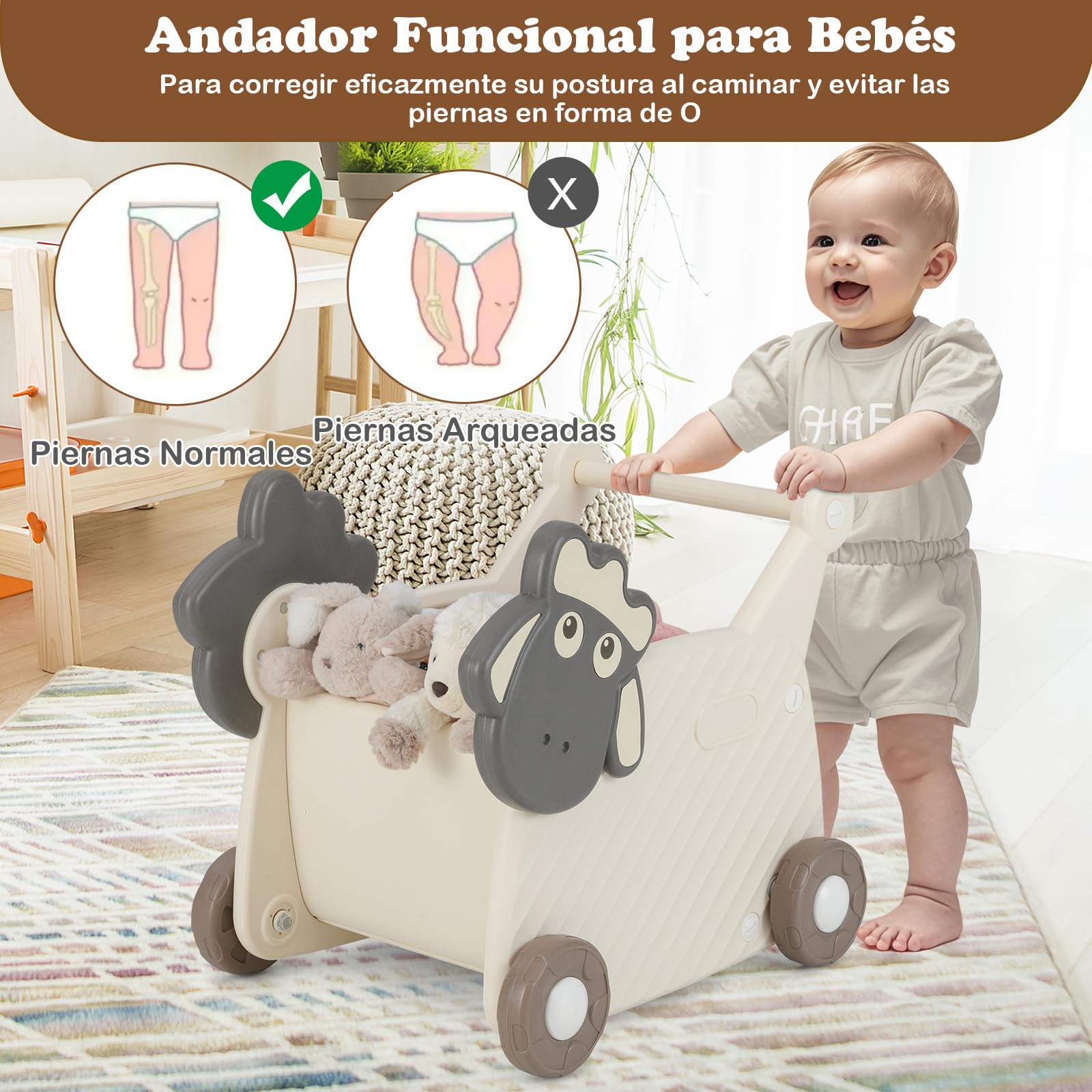 COSTWAY Andador para Bebés en Forma de Oveja, Carrito de Almacenamiento de 18L para Niños, Andador Infantil de 4 Ruedas para Desarrollo de Habilidades Motoras,Carrito de Empuje para Niños de 3+ Años