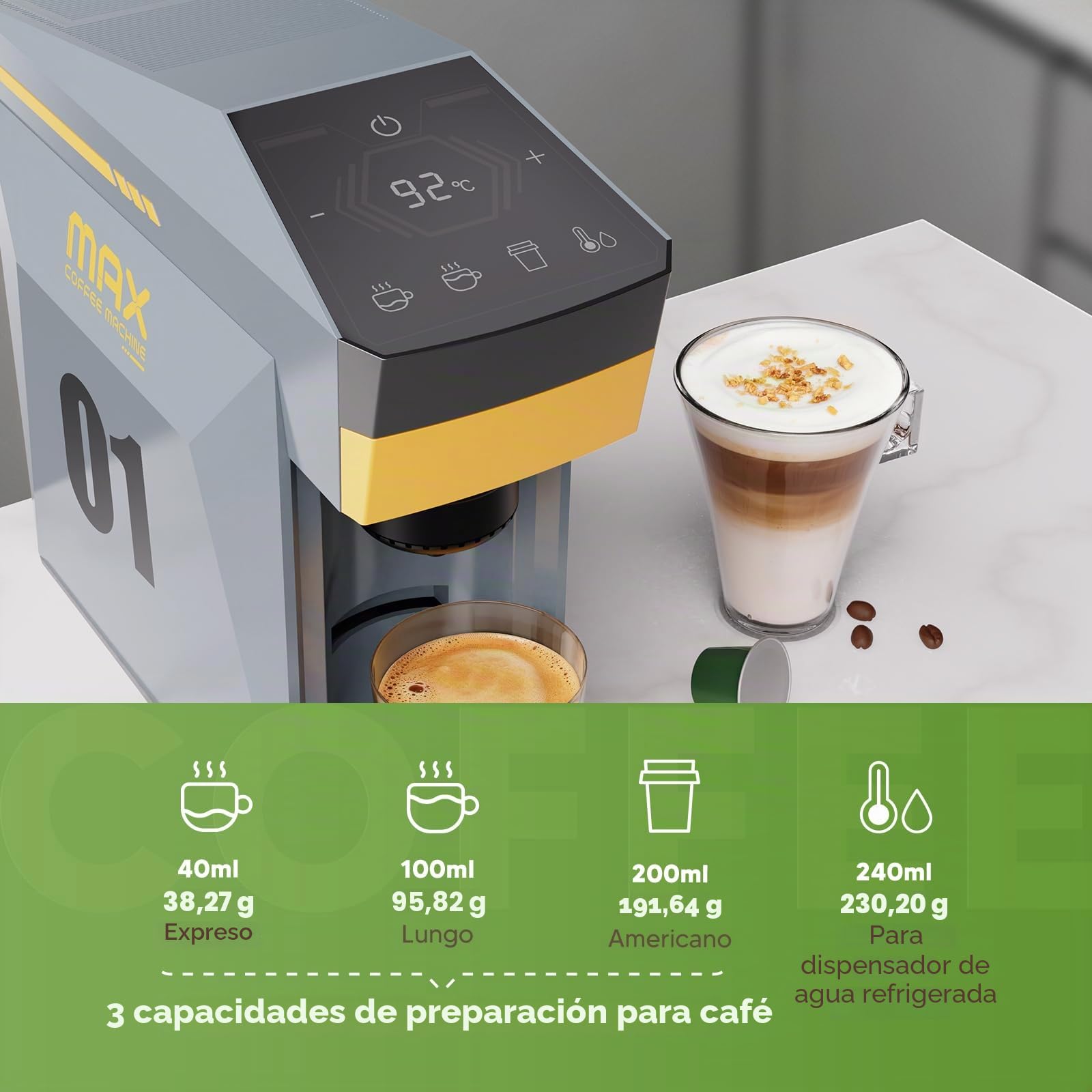 Cafetera 4 en 1, cafetera espresso 19 bares para cápsulas KCup/Nes presso OriginalLine/Dolce Gusto/Café molido, gris nublado