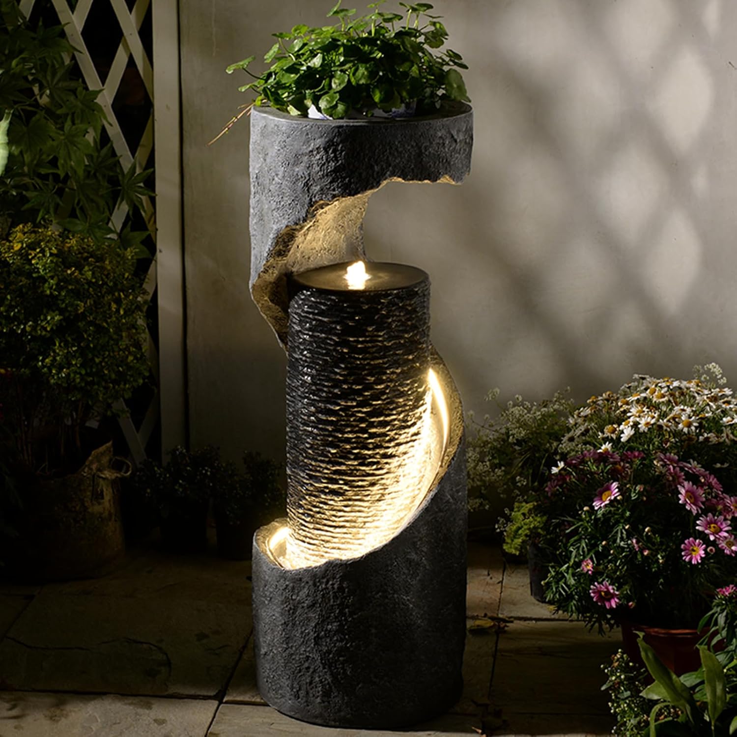 Tankana 35.5" H Water Fountain with Planter, Modern Spiral Waterfall for Outdoor and Indoor, Bubbling Garden Fountain with LED Light for Patio, Deck, and Living Room Corner