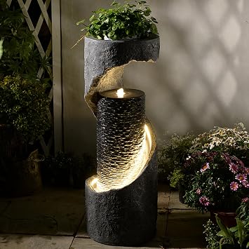 Tankana 35.5" H Water Fountain with Planter, Modern Spiral Waterfall for Outdoor and Indoor, Bubbling Garden Fountain with LED Light for Patio, Deck, and Living Room Corner
