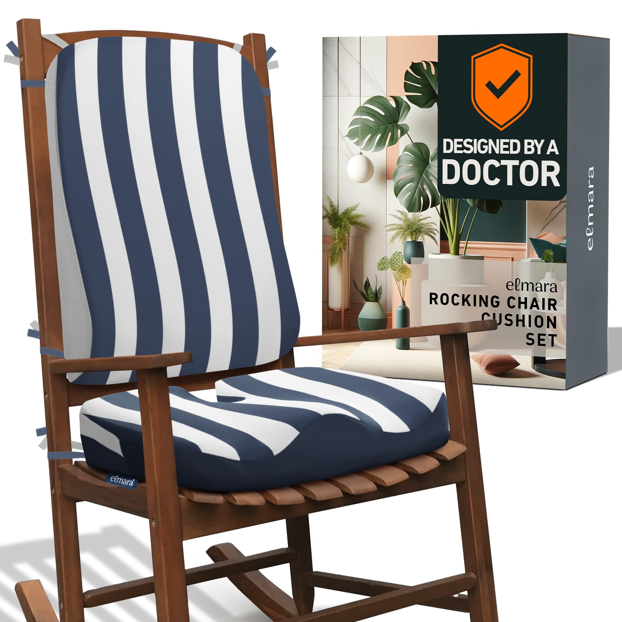 Elmara Doctor-Designed Rocking Chair Cushion Set is The Ultimate Comfort Solution – Contour Jumbo Memory Foam Cushions – Rocking Chair Cushions Indoor – Durable Outdoor Rocker Cushions (Navy Stripe)
