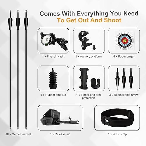Miniatura 7 de DOBEWOW Kit compuesto de arco y flechas para adultos y jóvenes, juego de arco de caza con 10 flechas de 15 a 45 libras, totalmente ajustable para