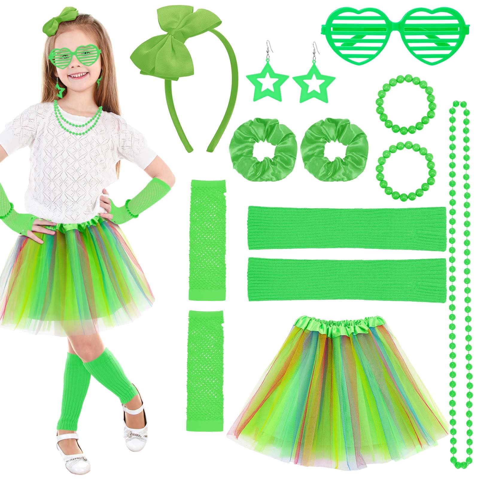ViEinkaufen 80s Fancy Dress for Girls,90s Kids Neon Fancy Dress Set Kids Tutu Leg Warmers Fishnet Gloves Sunglasses Earrings Necklace Headband Scrunchies Neon Party Accessories