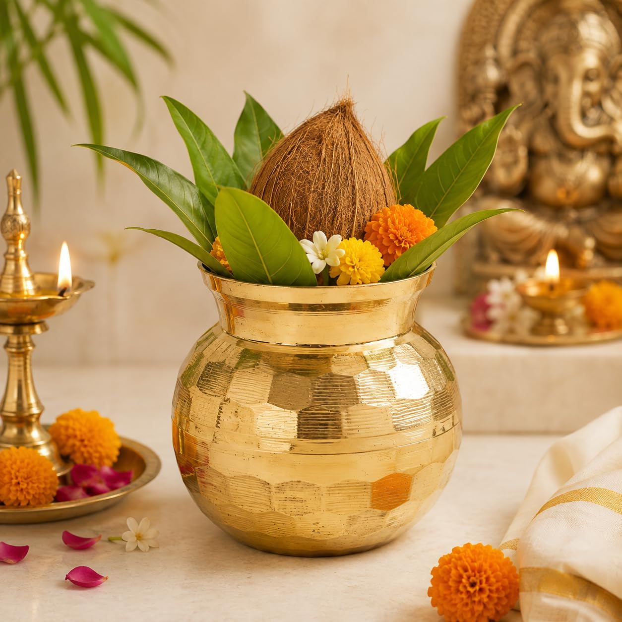 Small Brass Kalash Lota Pot Utensil Drinkware for Pooja Kit for Indian Traditional Pooja Decoration Purpose for Temple Home Office Pure Brass Vessel Lota Kalash Return Gifts(Size:-2"x3"x2")(Golden)