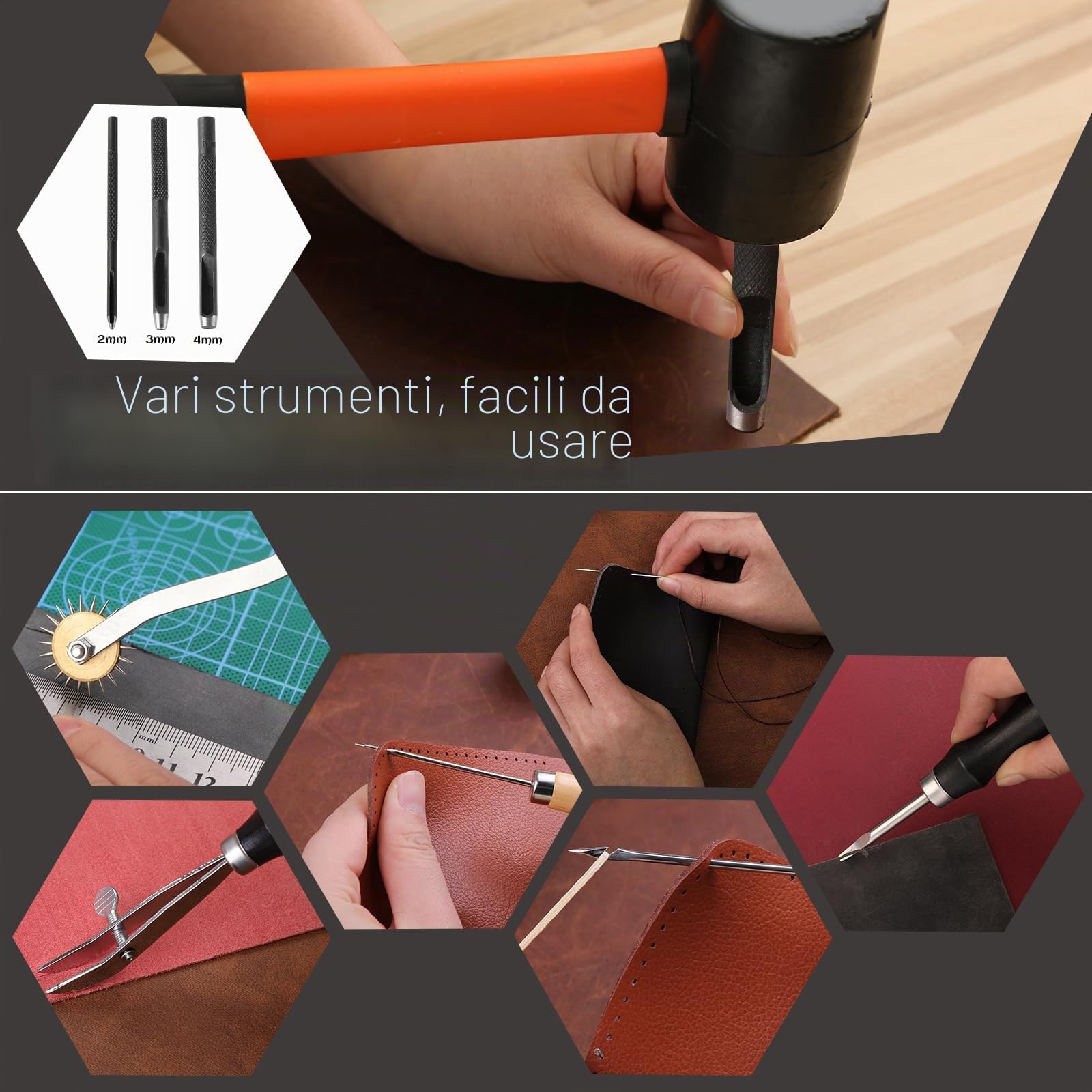 Set fai da te in pelle, 87 pezzi, strumenti per il fai da te, in pelle, set di rivetti in pelle, timbri per cuoio, aghi da cucito e altri strumenti per artigianato in pelle, cucito a mano