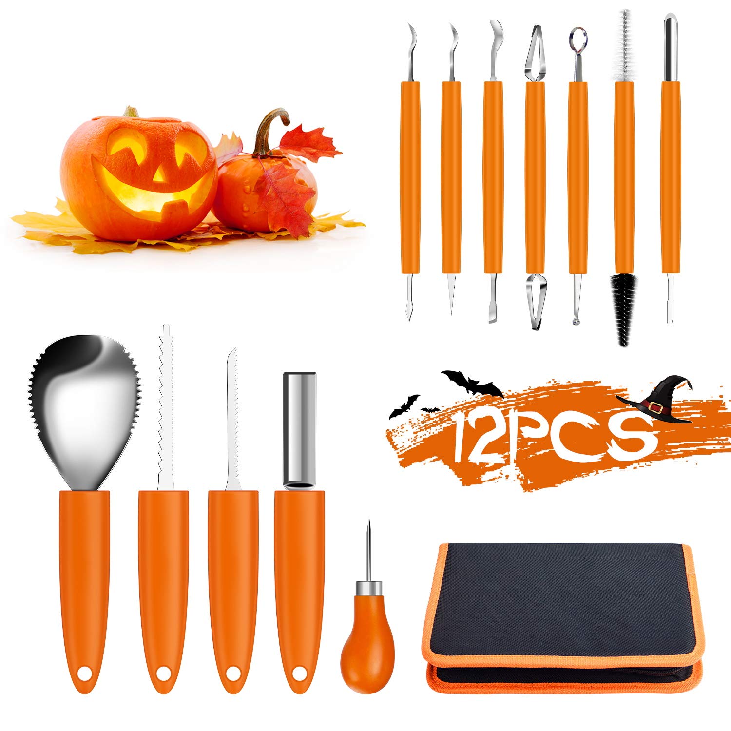 Halloween Pumpkin Carving Kit,12 Piece Professional Pumpkin Cutting Carving Supplies Tools for Adults Stainless Steel Lengthening and Thickening with Handbag,Pumpkin Sculpting Set