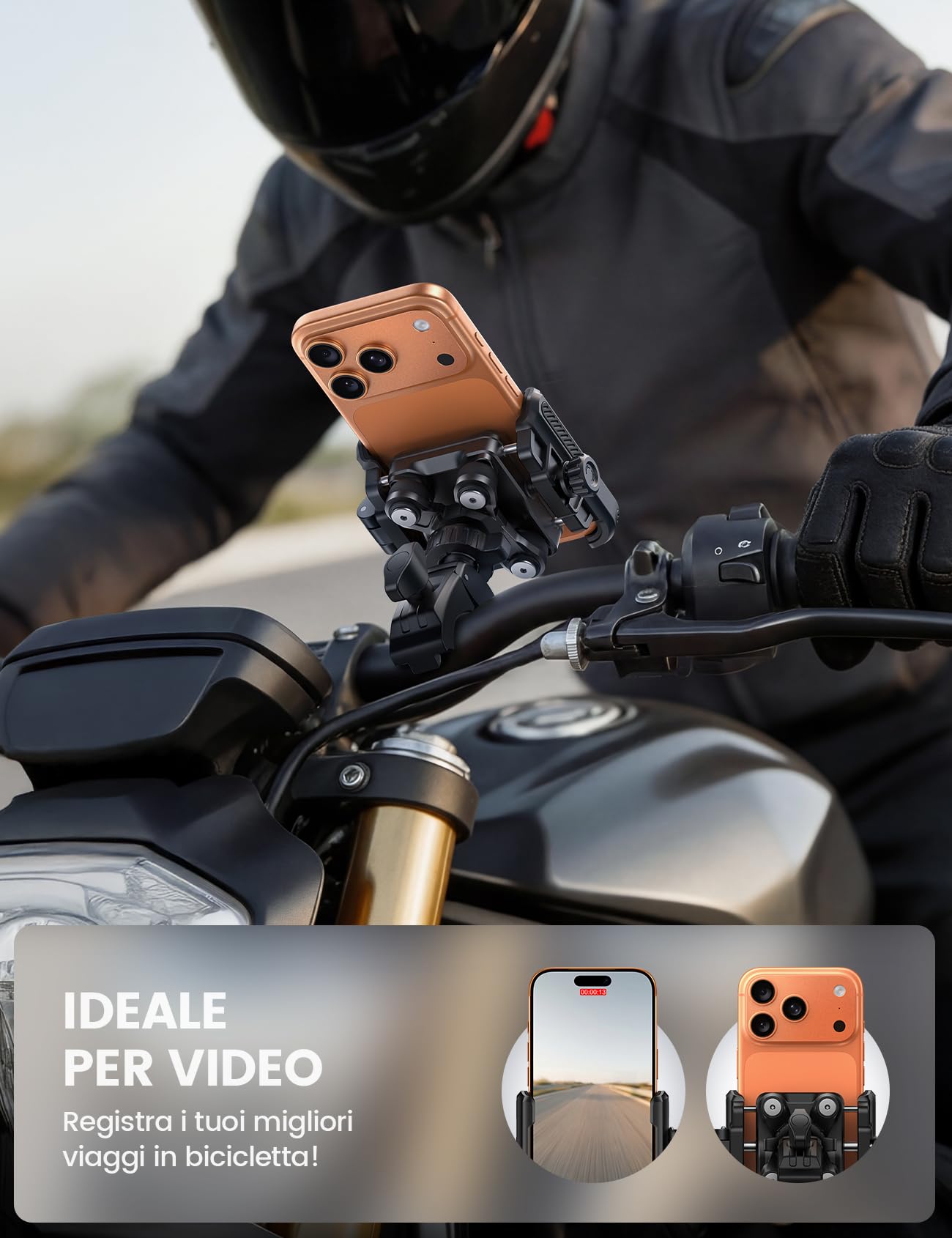 Lamicall Supporto Telefono Moto, Porta Telefono Bicicletta – [Non Copre Fotocamera] [Doppio Ammortizzatore] 1S Sblocco, 360° Rotazione, Porta Cellulare Manubrio per iPhone e Altri Smartphone da 6-7,2"