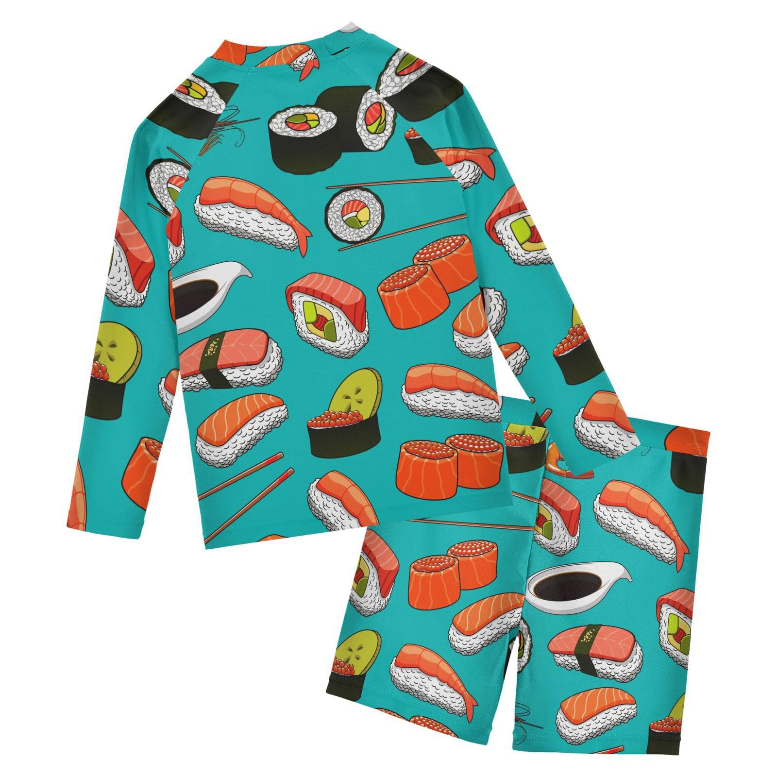 Aflyko Kids' Bathing Suit Set Chopsticks Sushi Long Sleeve Swim Tops with Shorts Summer Vacation Pool Party Rashguard Fun Cute Infant Beachwear, 4T Multicoloured