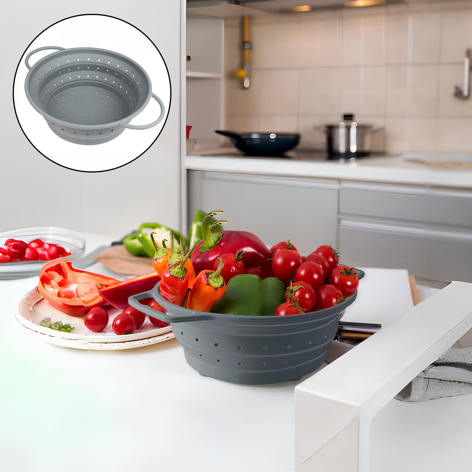 Scolapasta Silicone Pieghevole con Manico, Colino Setaccio da Cucina per Pasta, Verdura e Lavaggio, Cestino Drenante Collapsible, Setacci da Cucina per Pasta, Frutta, Verdura, 26 cm (Grigio)