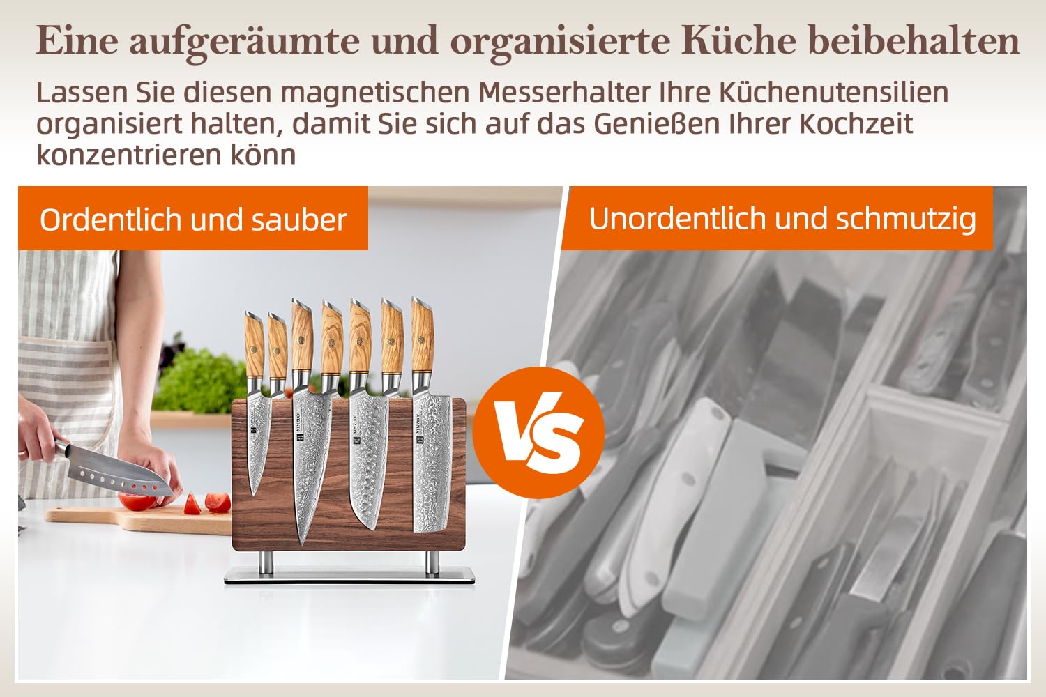 XINZUO Walnussholz Messerblock Magnetisch -Doppelseitig erhältlich -Messerhalter Magnetischer Ohne Messer -Doppelseitiger Starker Magnet Messerhalter für Küche -Leicht zu reinigen -mit Geschenkbox