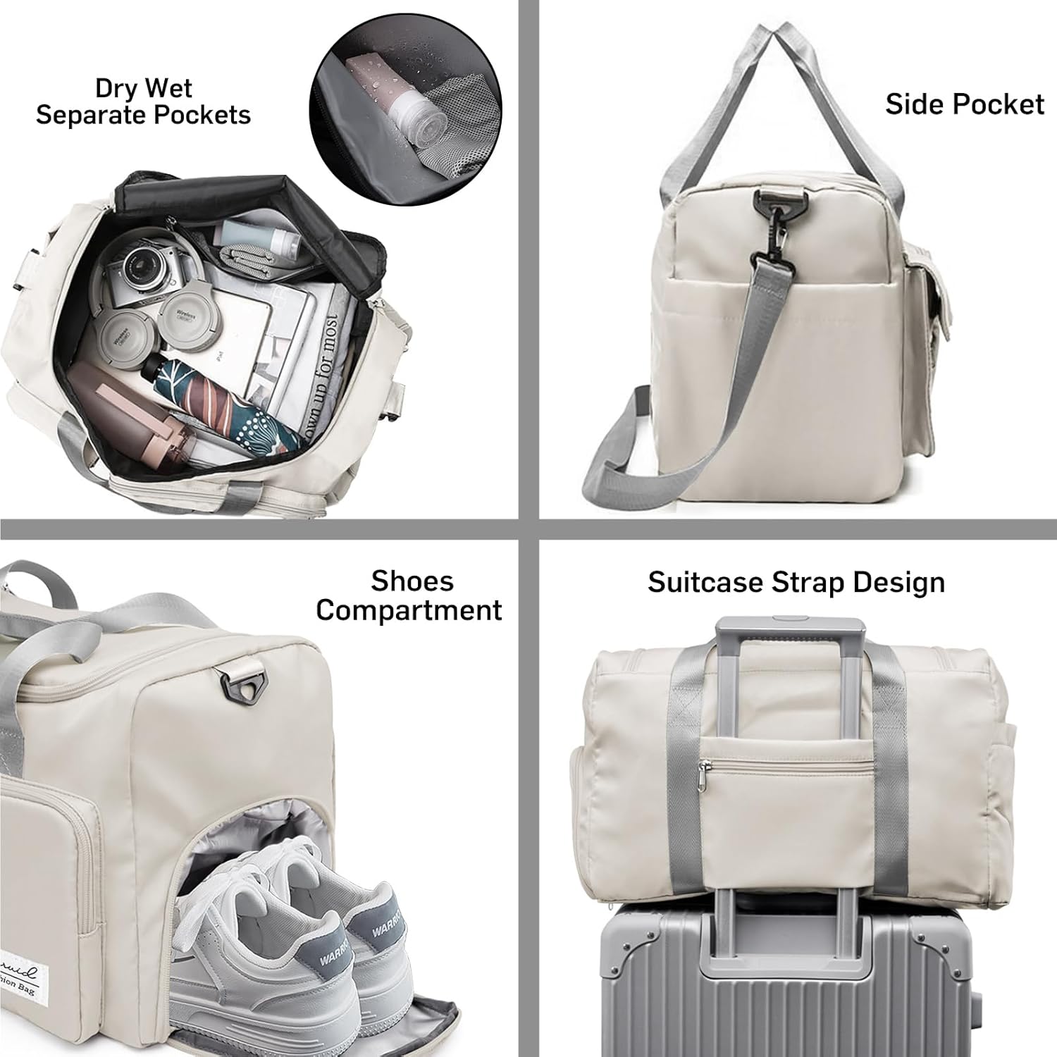 Travel Duffel Bag with Shoes Compartment Sports Gym Bag with Dry Wet Separated Pocket for Men and Women, Overnight Bag Weekender Bag Training Handbag Yoga Bag - White Gray - Image 3