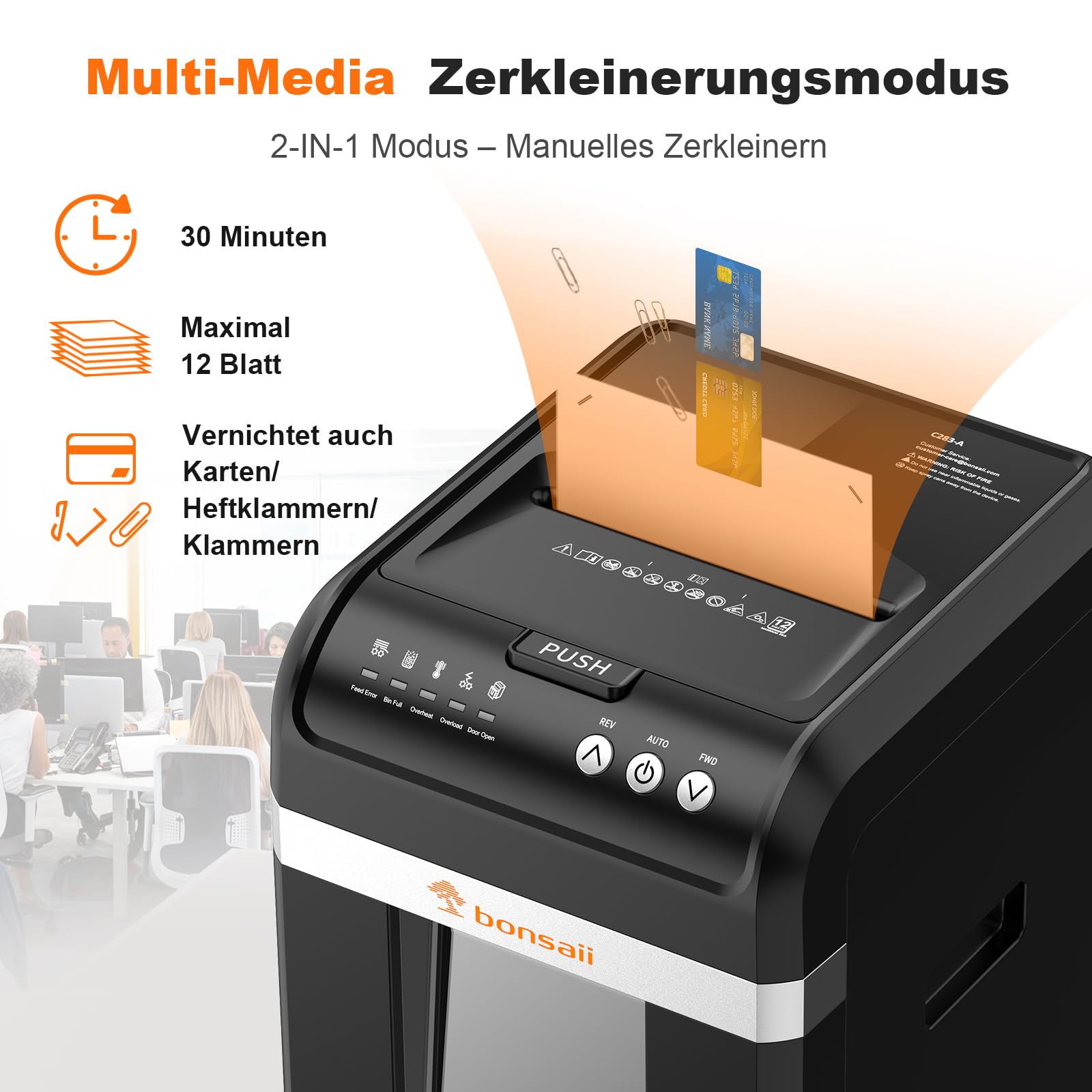 Bonsaii Aktenvernichter mit automatischem 200-Blatt-Einzug, 60 Min Dauerbetrieb, DIN P-4 Mikroschnitt, 31L herausziehbarer Behälter, leise (58 dB) & energiesparend – ideal fürs Büro, C283 | leiser ≤58dB mit 60 Min. Dauerbetrieb und 31L Behälter für Büro u