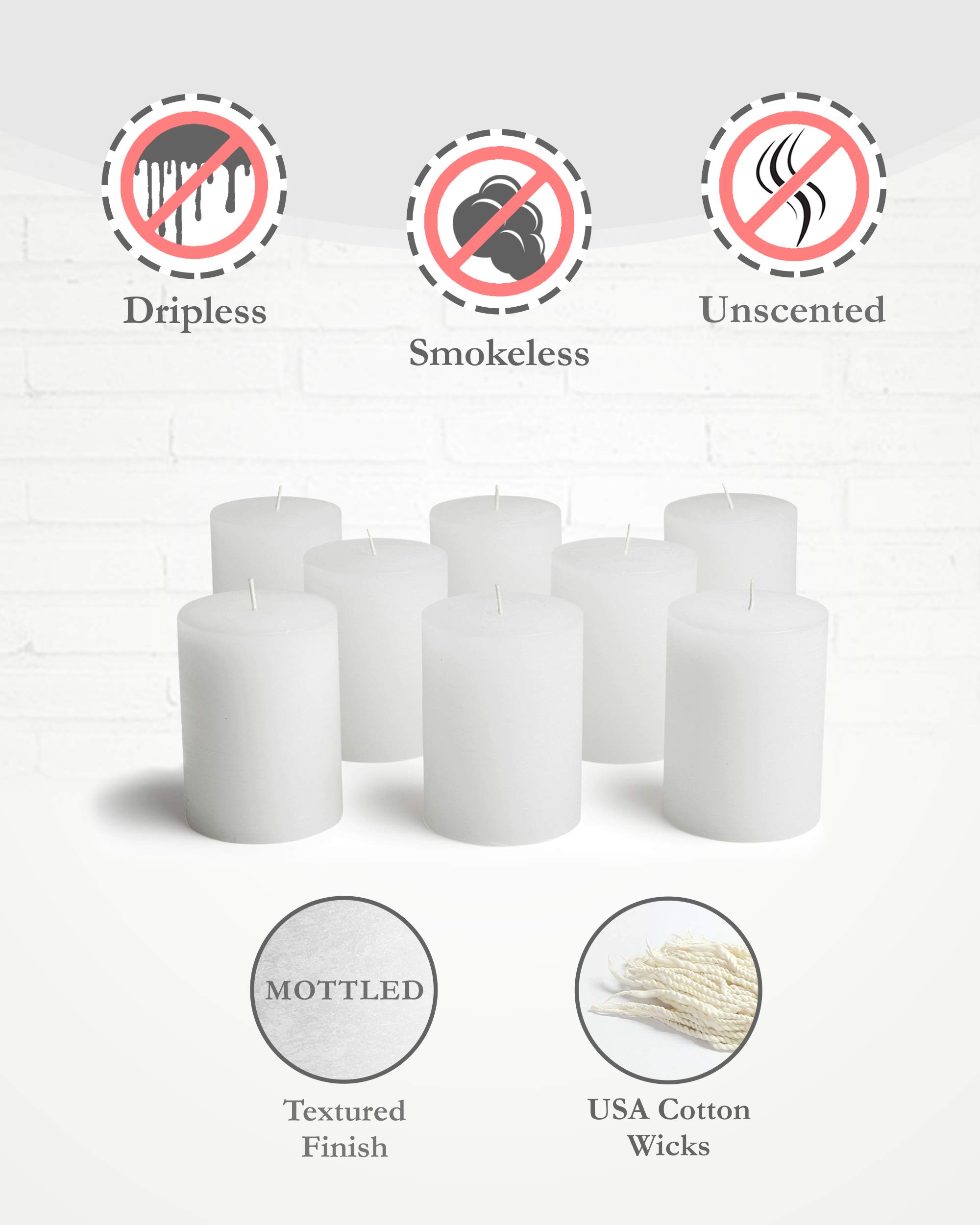 Bask - Velas moteadas de pilar, juego de 8 velas sin goteo de 3 x 4 pulgadas, sin perfume, color blanco, para decoración del hogar, relajación y todas las ocasiones