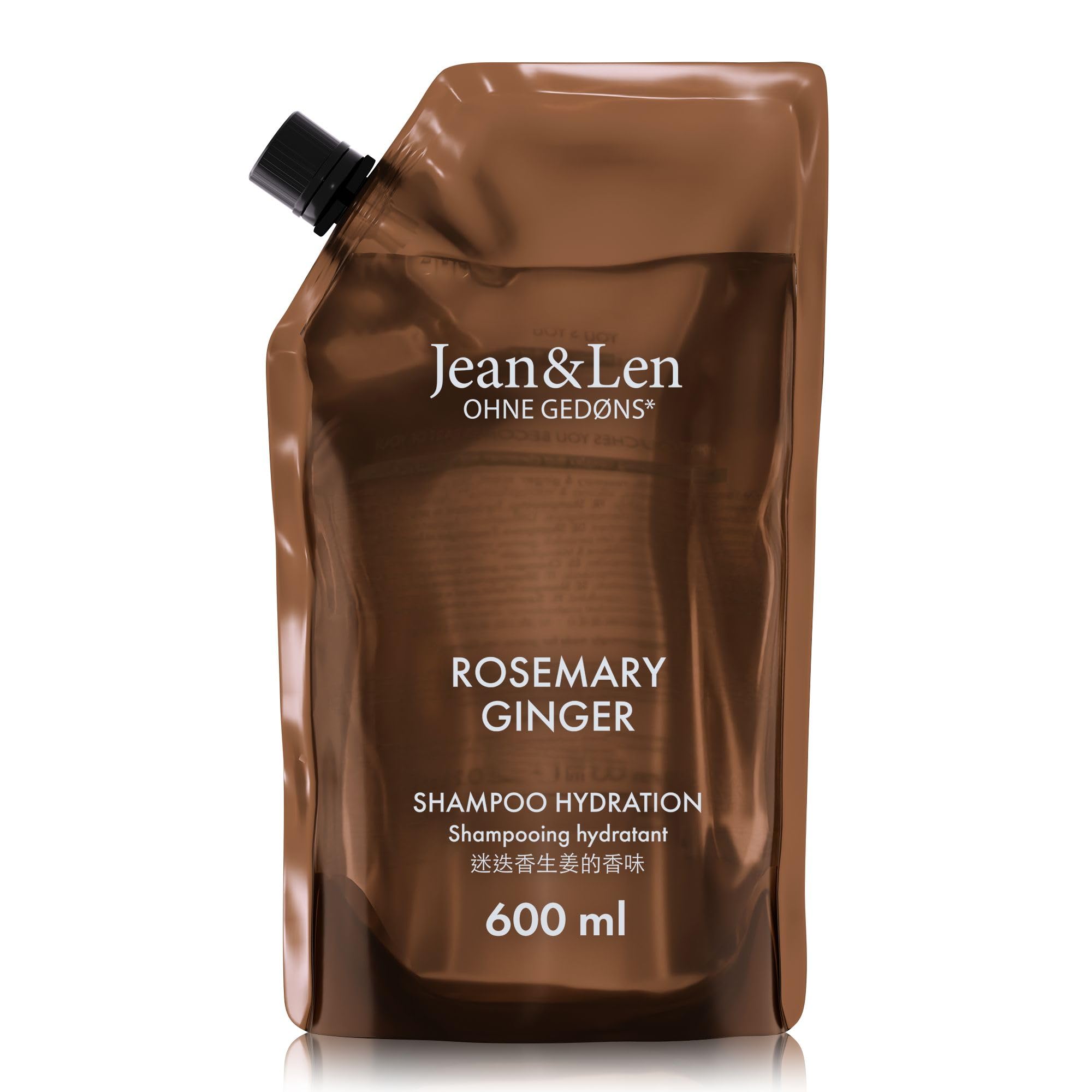 Jean & Len Shampoo Feuchtigkeit Rosemary & Ginger, Nachfüllbeutel, für trockenes & sprödes Haar, reinigt & pflegt spürbar, würzig-frischer Duft, ohne Silikone und Parabene, Nachfüllpack 600 ml