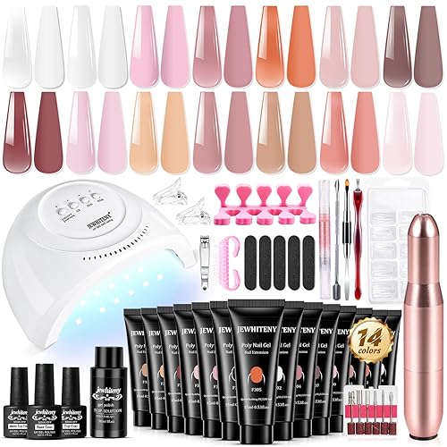 JEWHITENY 14 pcs Poly Gel Nail Extension Kit With Drill Machine U V Nail Light ALL In One Polygel Starter Kit - 14 poly SUN1 drill set