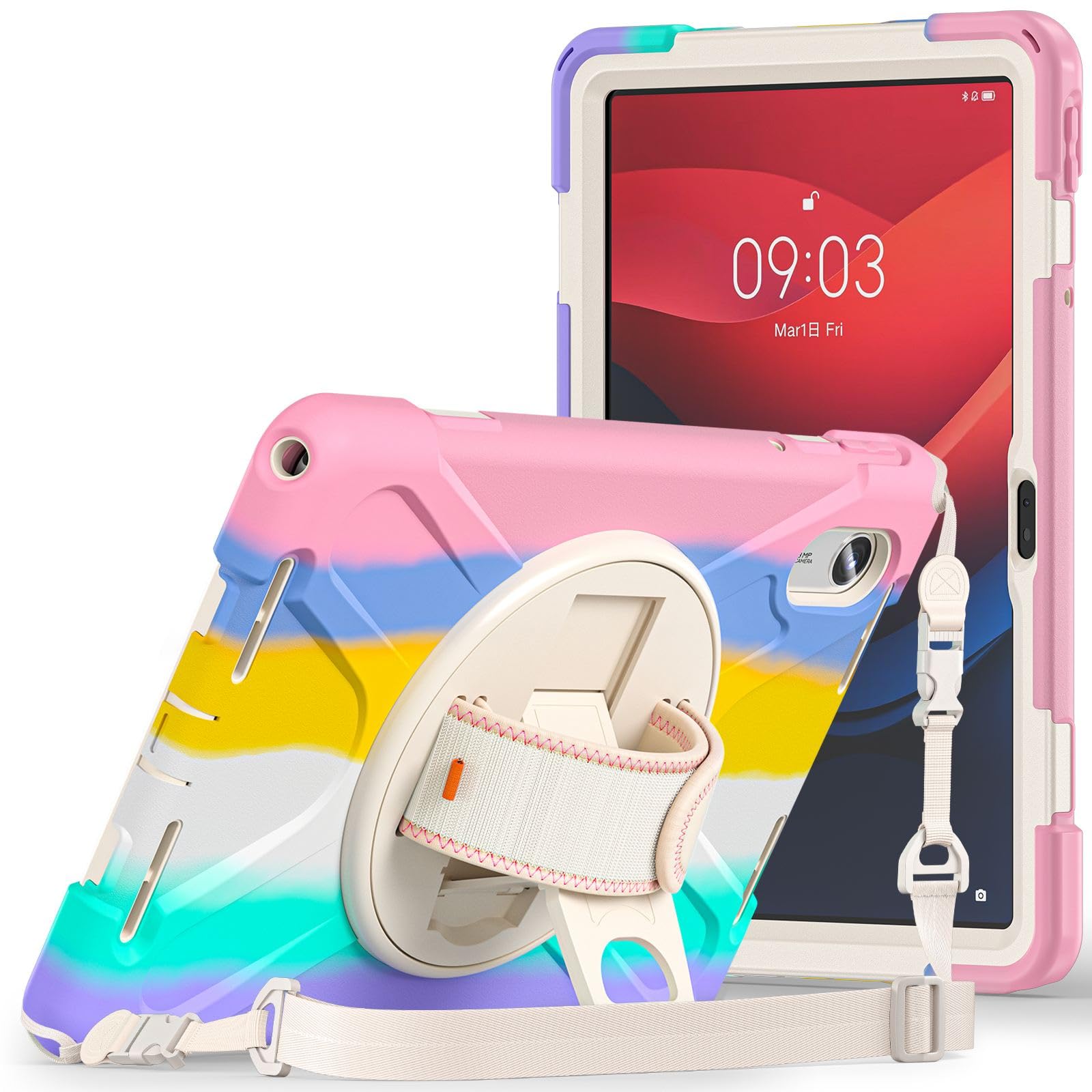 ProElite Cover for Lenovo idea Tab 11 inch 2025 Cover Case, Rugged 3 Layer Armor case Cover for Lenovo idea Tab 11 inch 2025 with Hand Grip & Rotating Kickstand with Shoulder Strap, Rainbow Pink-image-31