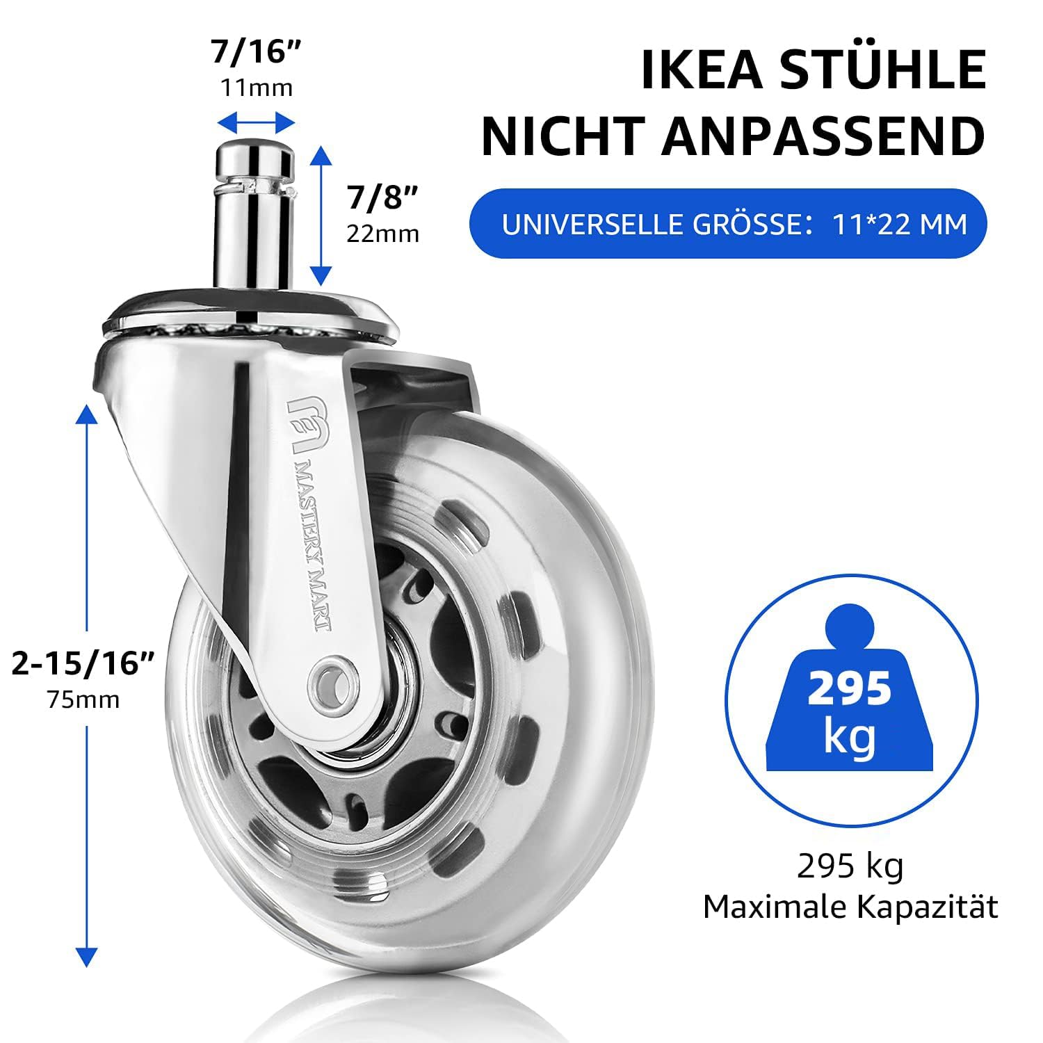 Mastery Mart Kółka do krzesła biurowego, zestaw 5 sztuk, 11 mm x 22 mm, kółka do twardych podłóg, pasują do 98% wszystkich kółek krzeseł, nie do 1KEA, srebrne