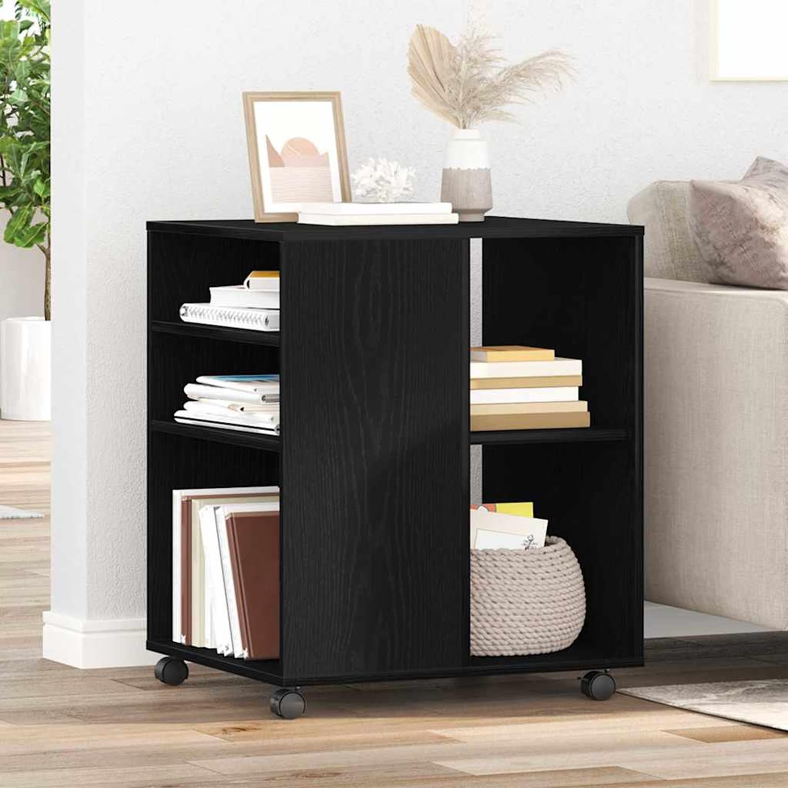 Aufbewahrungsschrank mit Rollen Schwarz Eichen-Optik Holzwerkstoff 60 x 53 x 72,5 cm 2 Fächer für Büroorganisation