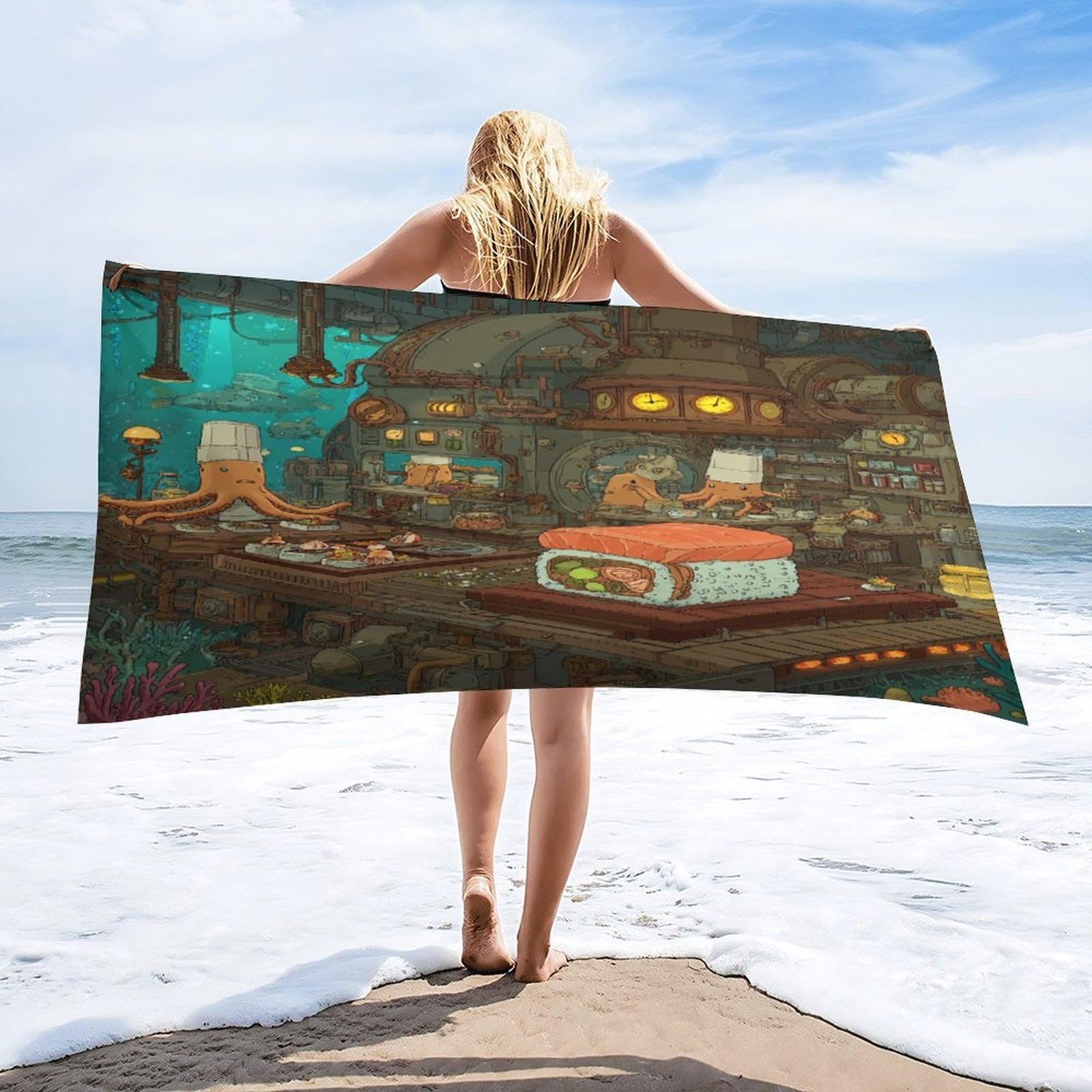 LUYYSKY Funny Retro Octopus Chef Absorbent Beach Towel, Rustic Japanese Sushi Underwater Animal Octopus Fish Outdoor Single-Sided Velvet Beach Towel-80 W cm x 160" L cm