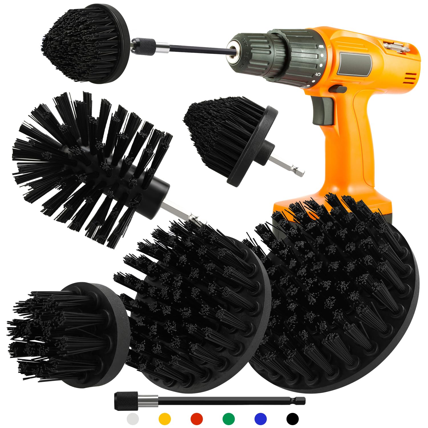 Drill Brush Attachment Set, 5pcs 1/4in Power Scrubber With 1pcs Extend Long Attachment for Cleaning Showers, Tubs, Bathroom, Tile, Grout, Carpet (5 Brushes Black) — image 1