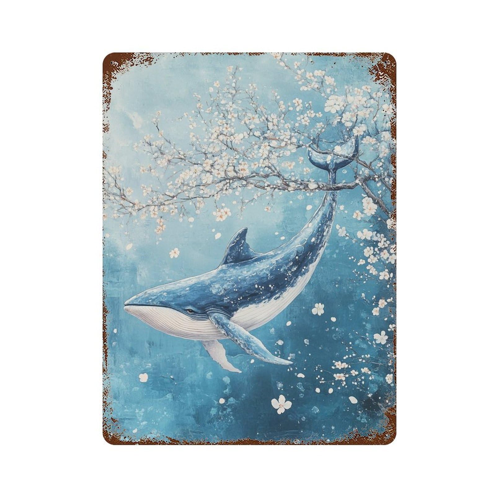 Whale And Cherry Blossoms Art Print Rusty Metal Tin Sign 15.7"x11.8", Shabby Chic Decor for Garage, Bar And Workshop Decor