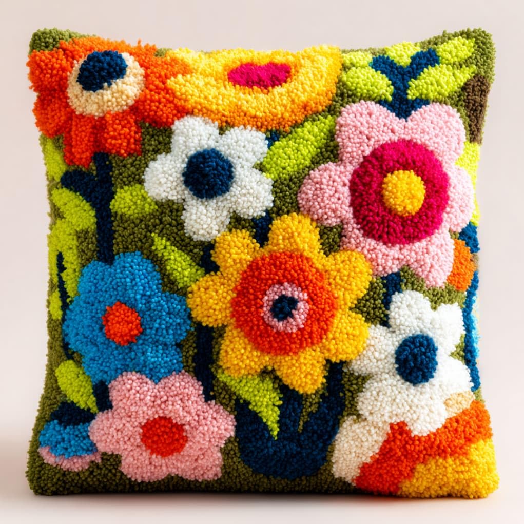 kitphoenix Latch Hook Kit Cushion Flowers 43X43Cm Handmade Knitted Cushion Material Package,Beginner Friendly DIY Craft Set,Home Decor Pillow