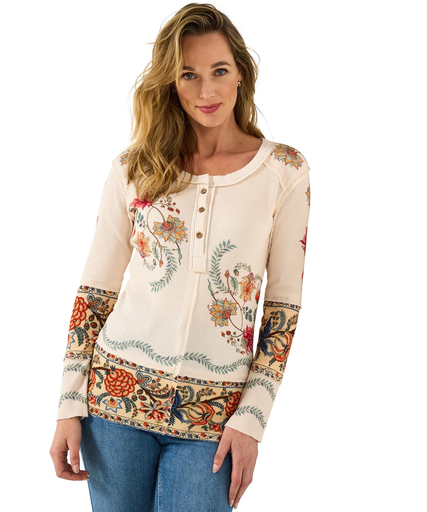 Joe Browns Women's Remarkable Printed Patchwork Henley Top Blouse, Cream, 10