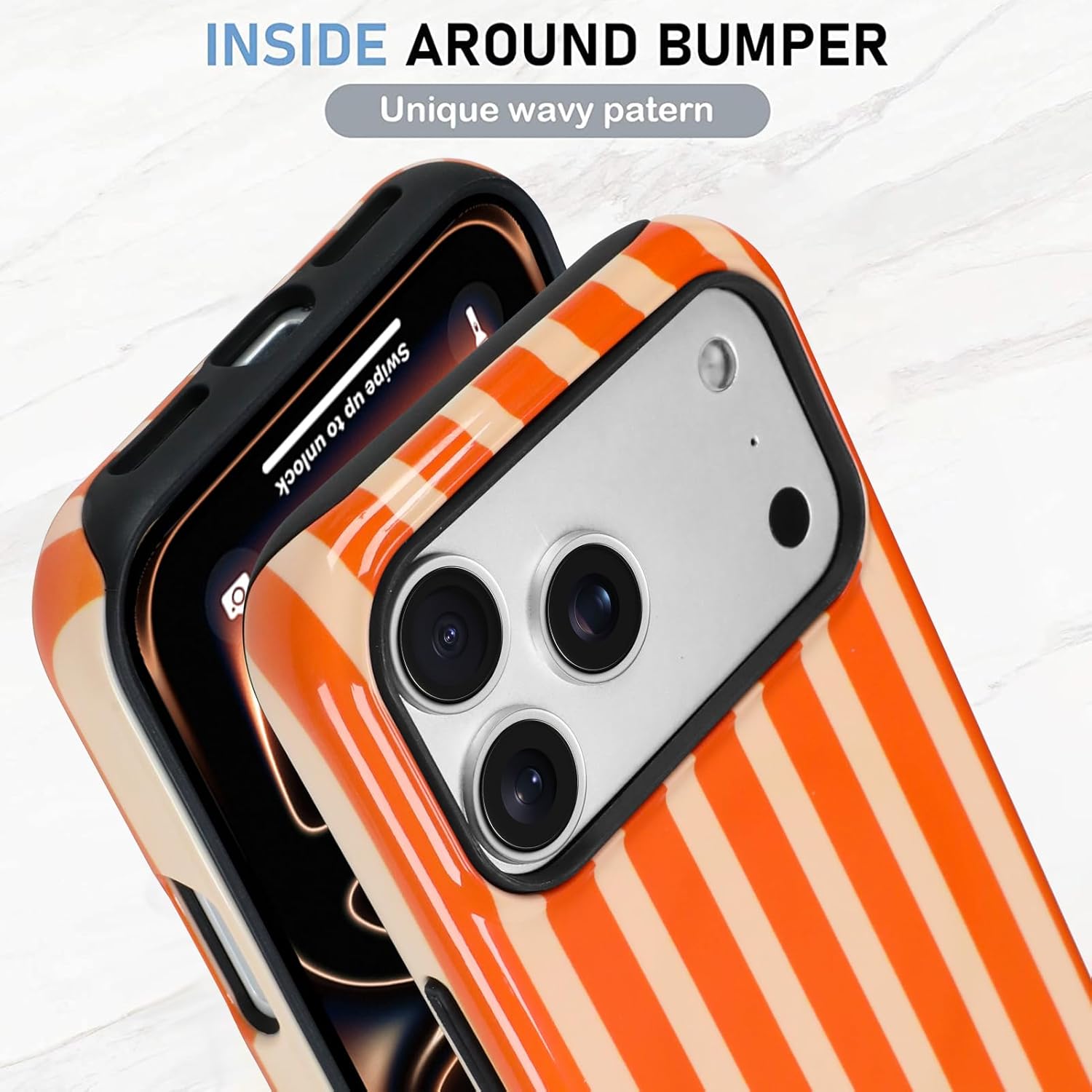 KANGHAR Compatible with iPhone 17 Pro Max Case 2025, Aesthetic Stripes Cute Pattern, Support for MagSafe Shockproof Cover for Girls Women -Orange