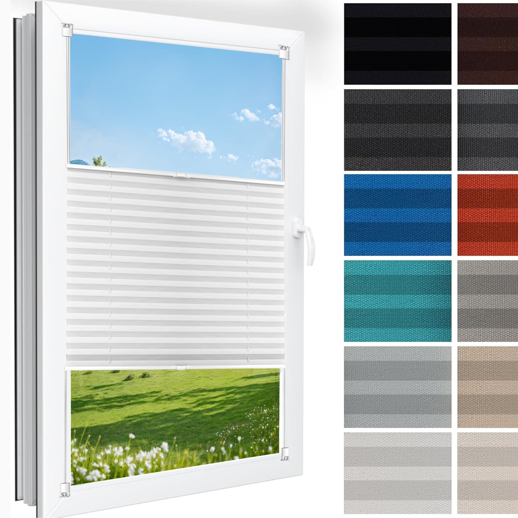 Huanqin White Blackout Blinds Cordless Pleated Blind 65 X 110 Cm (W X H), No Drilling, Translucent, Crushed Look, Temporary Window Blinds Cordless, Blackout Roller Blind, For Window Door,