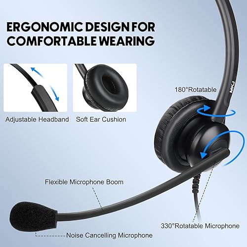 Miniatura 3 de MKJ Auriculares de teléfono de 0.098 in con micrófono con cancelación de ruido - Auriculares con cable para centro de llamadas y teléfono de