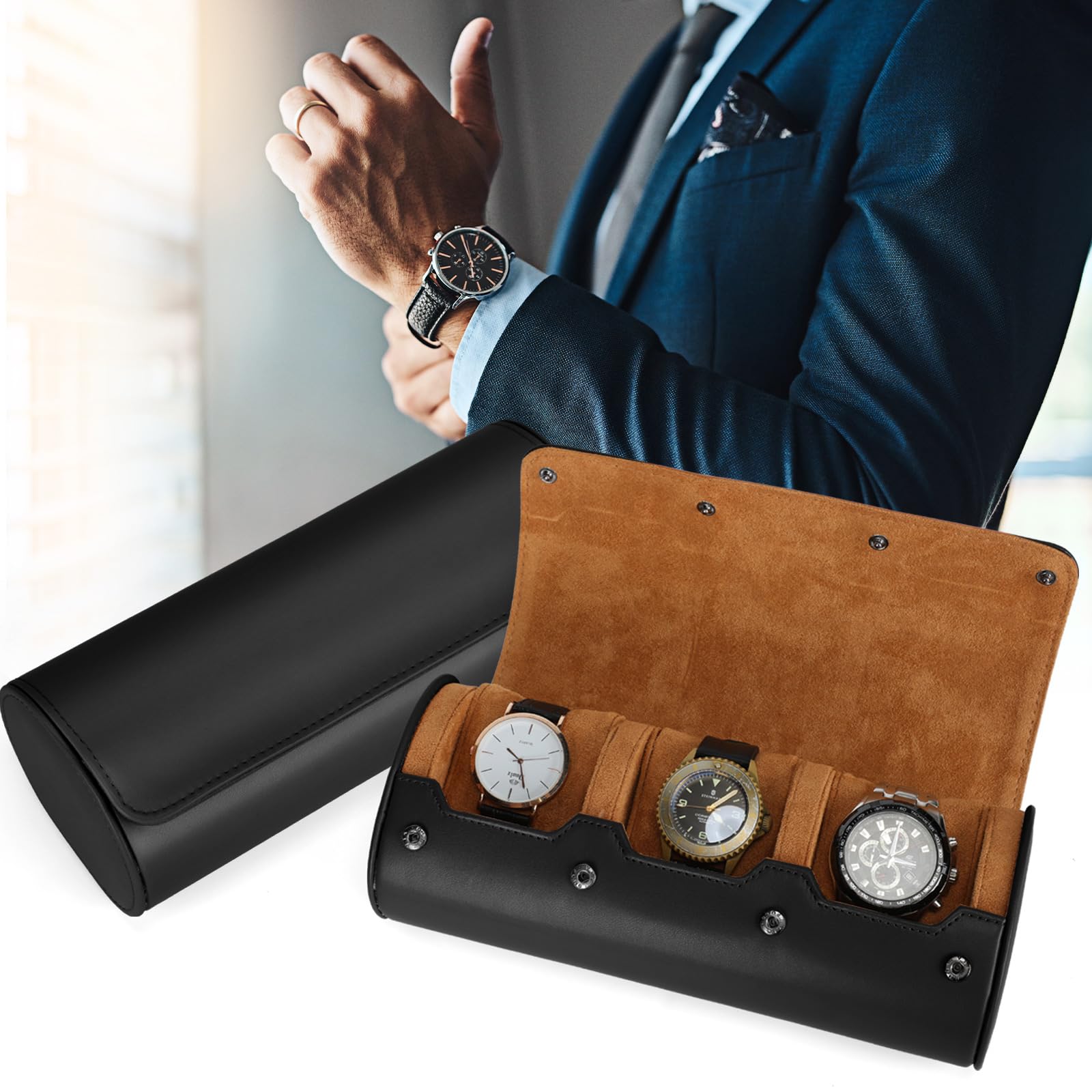 BAIGIO Reloj Rollo Caja de Reloj de Viaje 3 Relojes Caja de Viaje para Relojes Caja de Transporte de Viaje, Negro