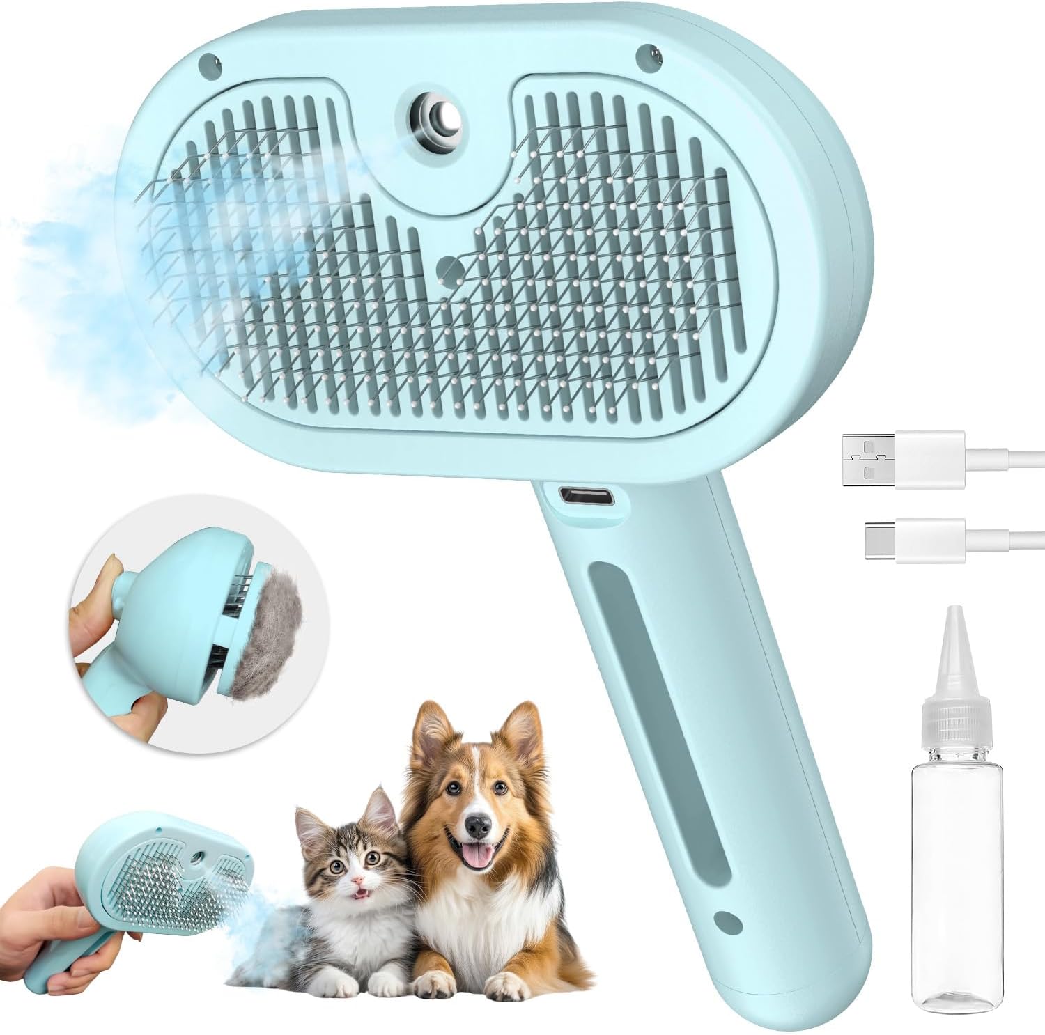 3-in-1 Self-Cleaning Pet Brush for Shedding - Removes Static and Loose Hair from Dogs and Cats (Blue)