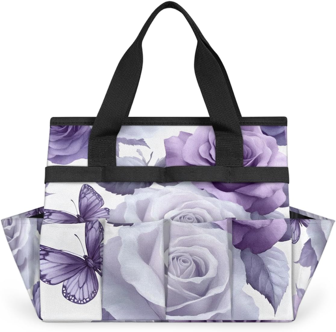 Purple Rose Butterfly Garden Tool Bag with Hard Bottom and 10 Pockets