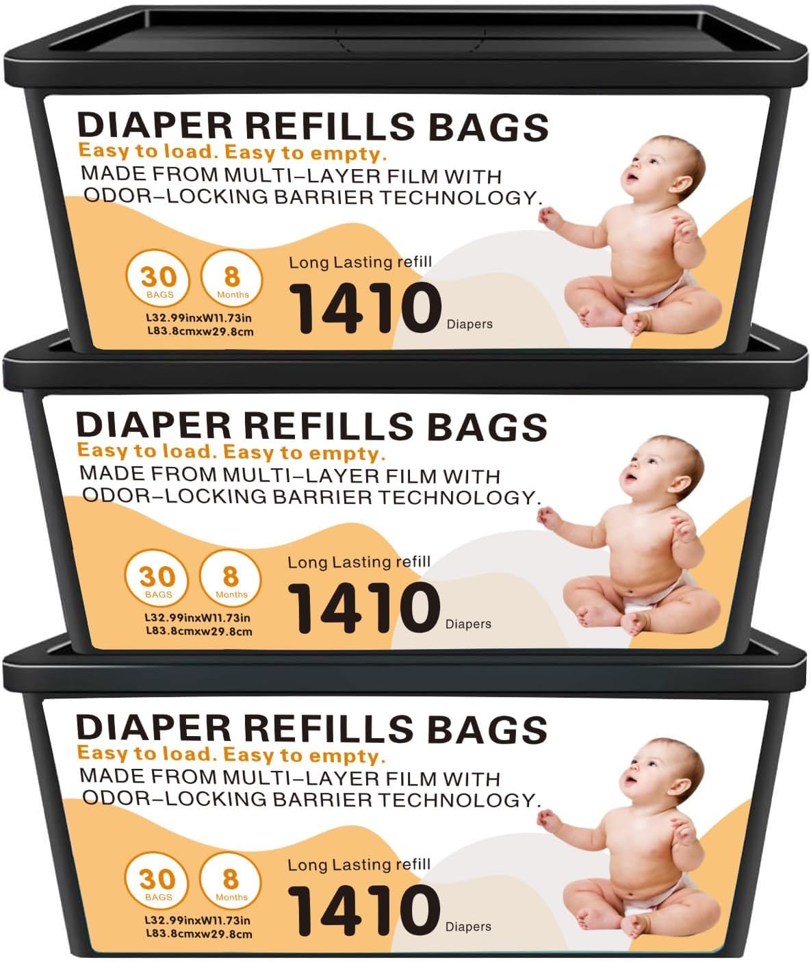 Diaper Pail Easy Roll Refill Bags, Compatible with Genie Easy Roll Signature and Platinum Pails, Each 30 Bags Holds Up to 1410 Newborn Diapers, 7-Layer Odor-Barrier Technology, 3 Pack (90 Bags)