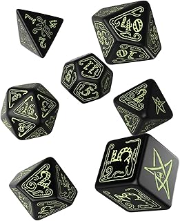Q-Workshop Call of Cthulhu Black & Glow-in-The-Dark RPG Ornamented Dice Set 7 Polyhedral Pieces Black & Glow-in-the Dark, Standard (15mm - 17mm)