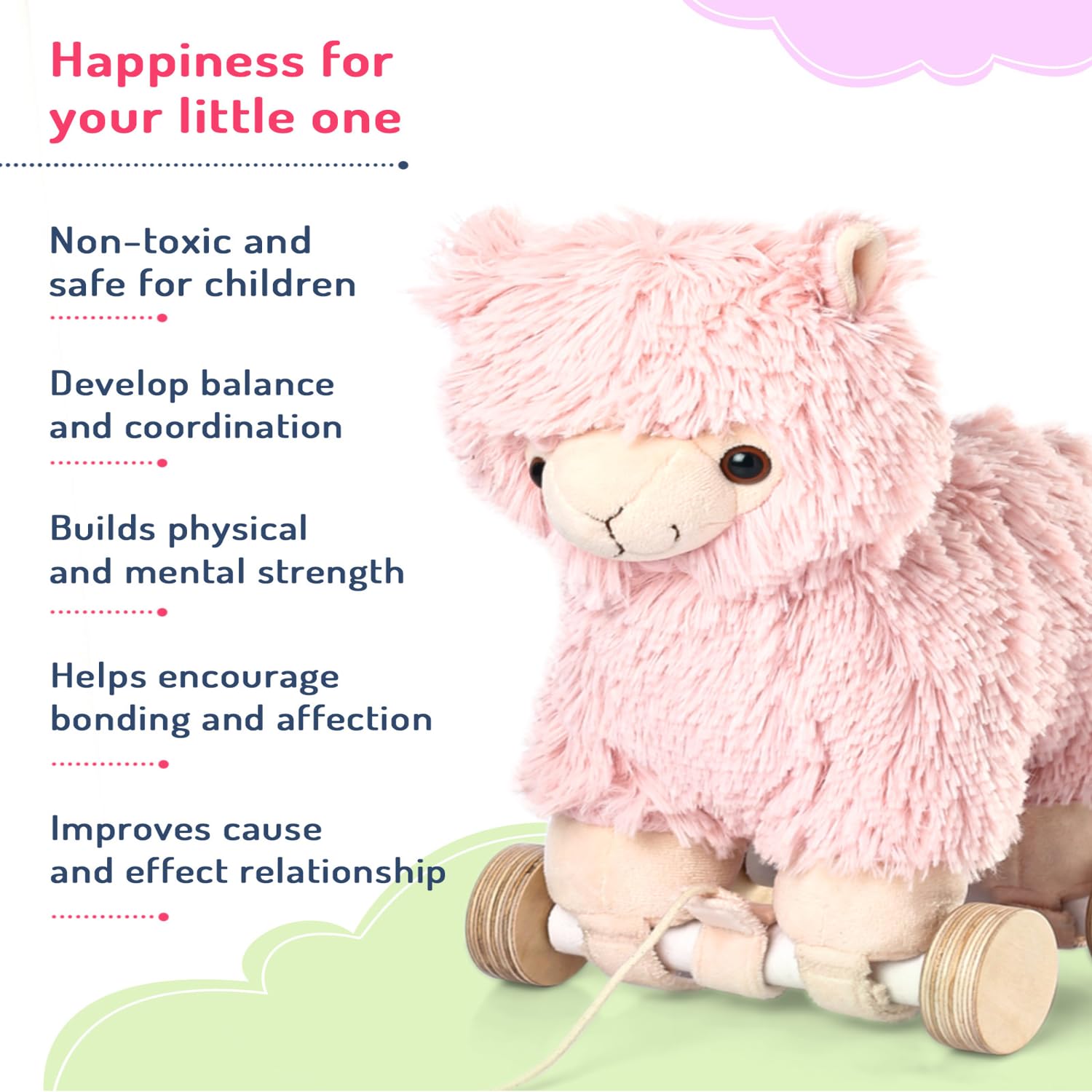 Bonfino Lama Plush Pull Toy |Pull Along Toy (1 Year+) with Attached String| Soft Pull Along Toy for Toddlers |Encourage Walking, Develop Hand-Eye Coordination & Motor Skills| Best Birthday Gift - Pink 2